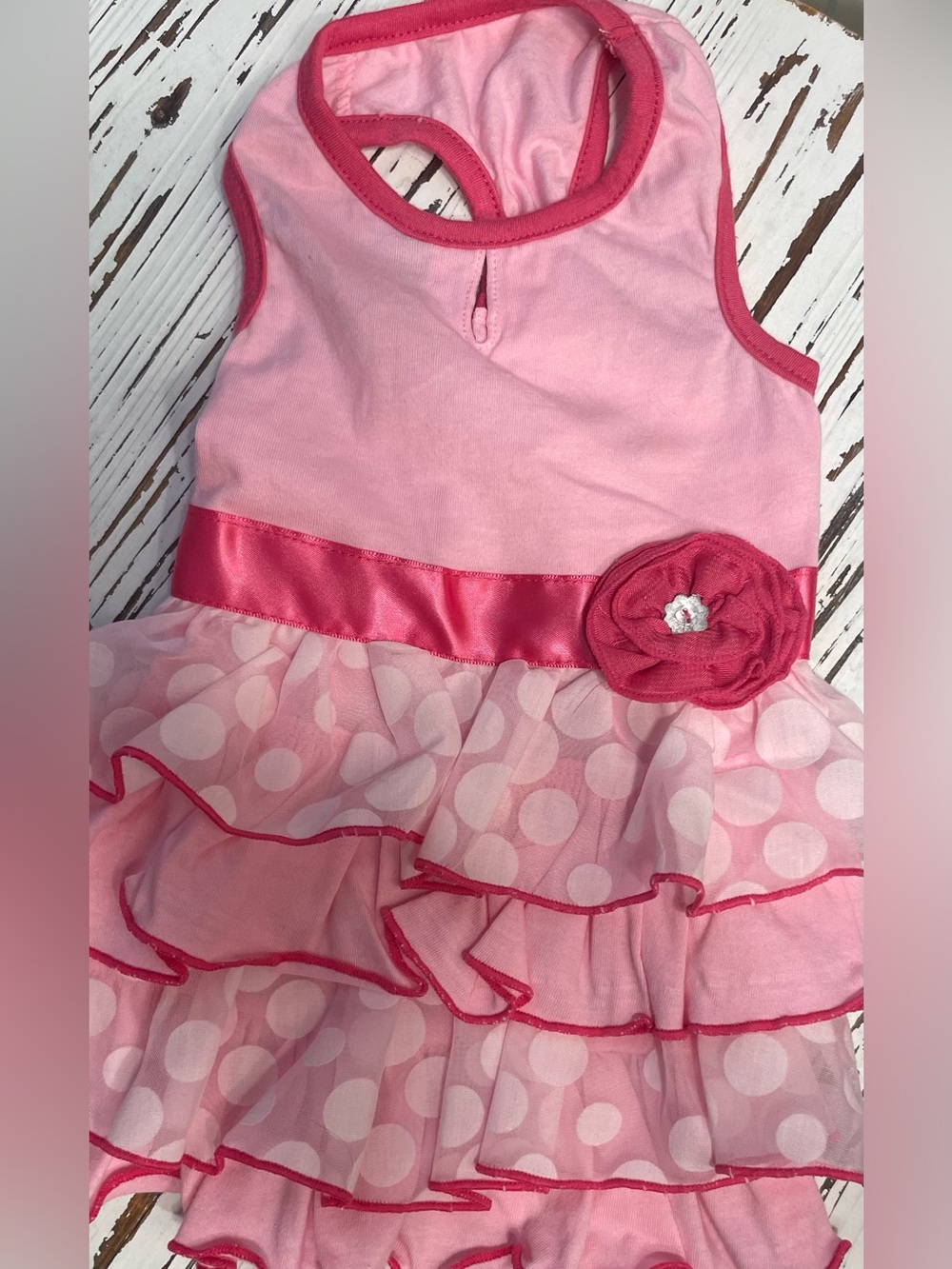 Pink Ruffled Polka Dot Dog Dress with Satin Waistband XS
